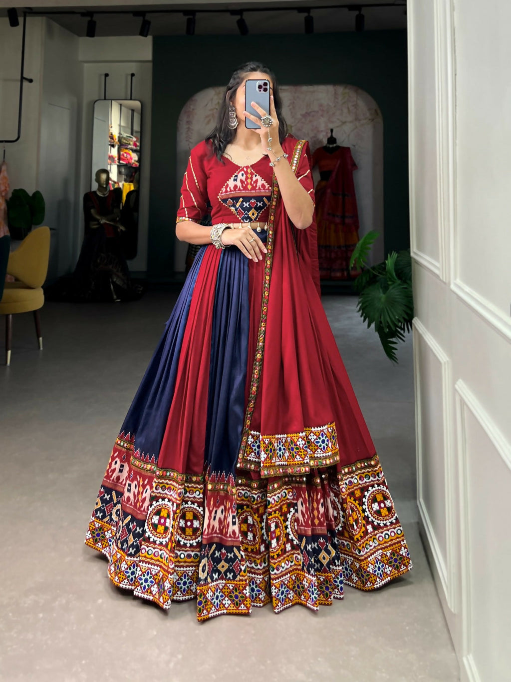 Vastranavya Navaratri Special Rayon with Printed Patch With Gota Patti And Paper Mirror Work And Cowrie (Kodi) Lace Touch Up Lehenga with Stitched Blouse - Navy Blue | Grocsy