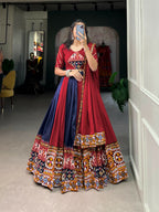 Vastranavya Navaratri Special Rayon with Printed Patch With Gota Patti And Paper Mirror Work And Cowrie (Kodi) Lace Touch Up Lehenga with Stitched Blouse - Navy Blue | Grocsy
