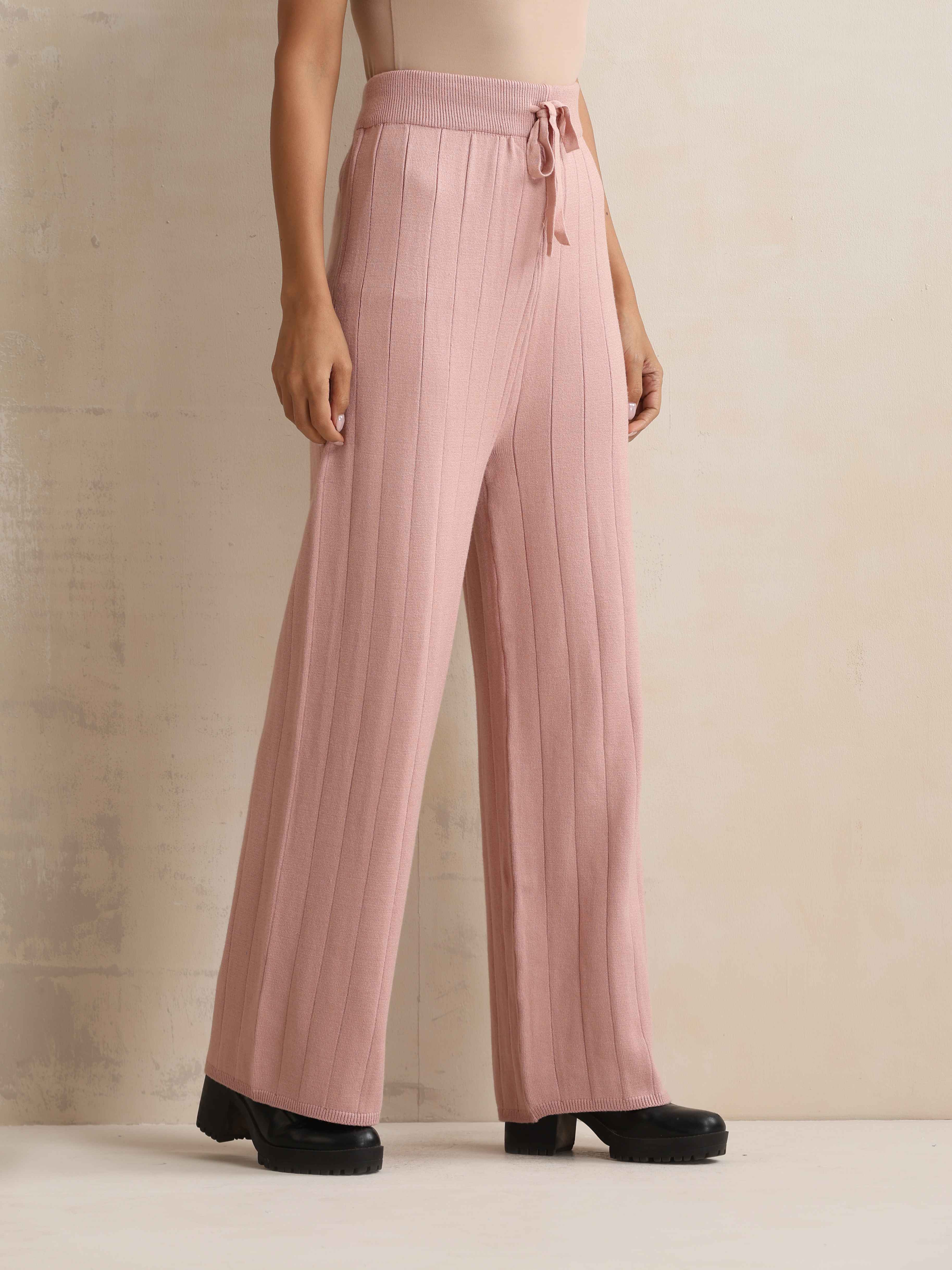 trueBrowns Pink Woollen Flared Pants | Grocsy