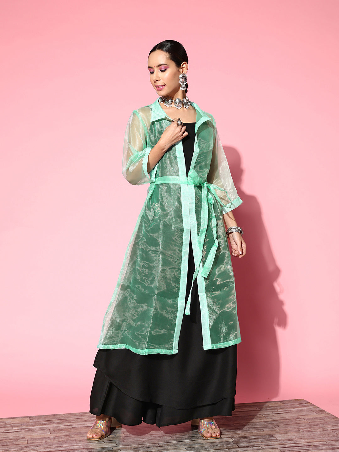InWeave Women's Black Strappy Kurta Set With Teal Organza Cape | Grocsy