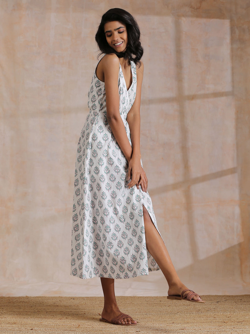 trueBrowns Green Buta On White Block Print Cotton Sleeveless Wrap Dress | Grocsy