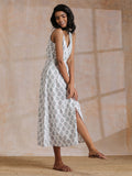 trueBrowns Green Buta On White Block Print Cotton Sleeveless Wrap Dress | Grocsy