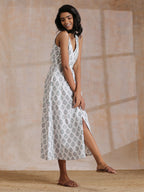 trueBrowns Green Buta On White Block Print Cotton Sleeveless Wrap Dress | Grocsy