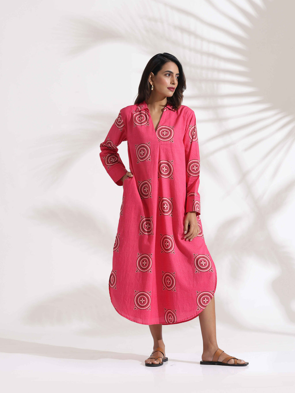 trueBrowns Pink Cotton Print A-line Dress | Grocsy