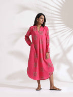 trueBrowns Pink Cotton Print A-line Dress | Grocsy