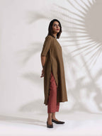 trueBrowns Brown Slub Highslit Kurta Set | Grocsy