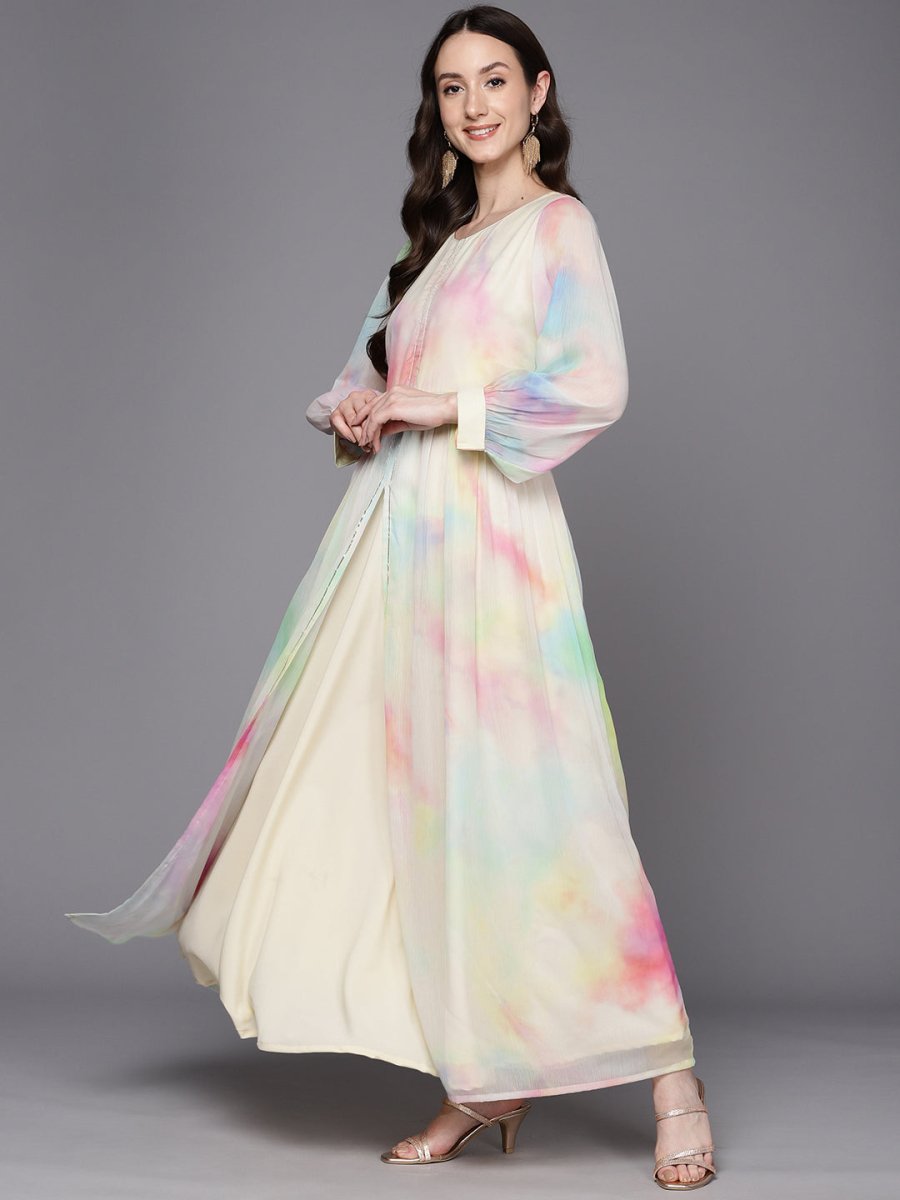 Ahalyaa Abstract Printed Gotta Patti Puff Sleeves Chiffon Maxi Ethnic Dress | Grocsy