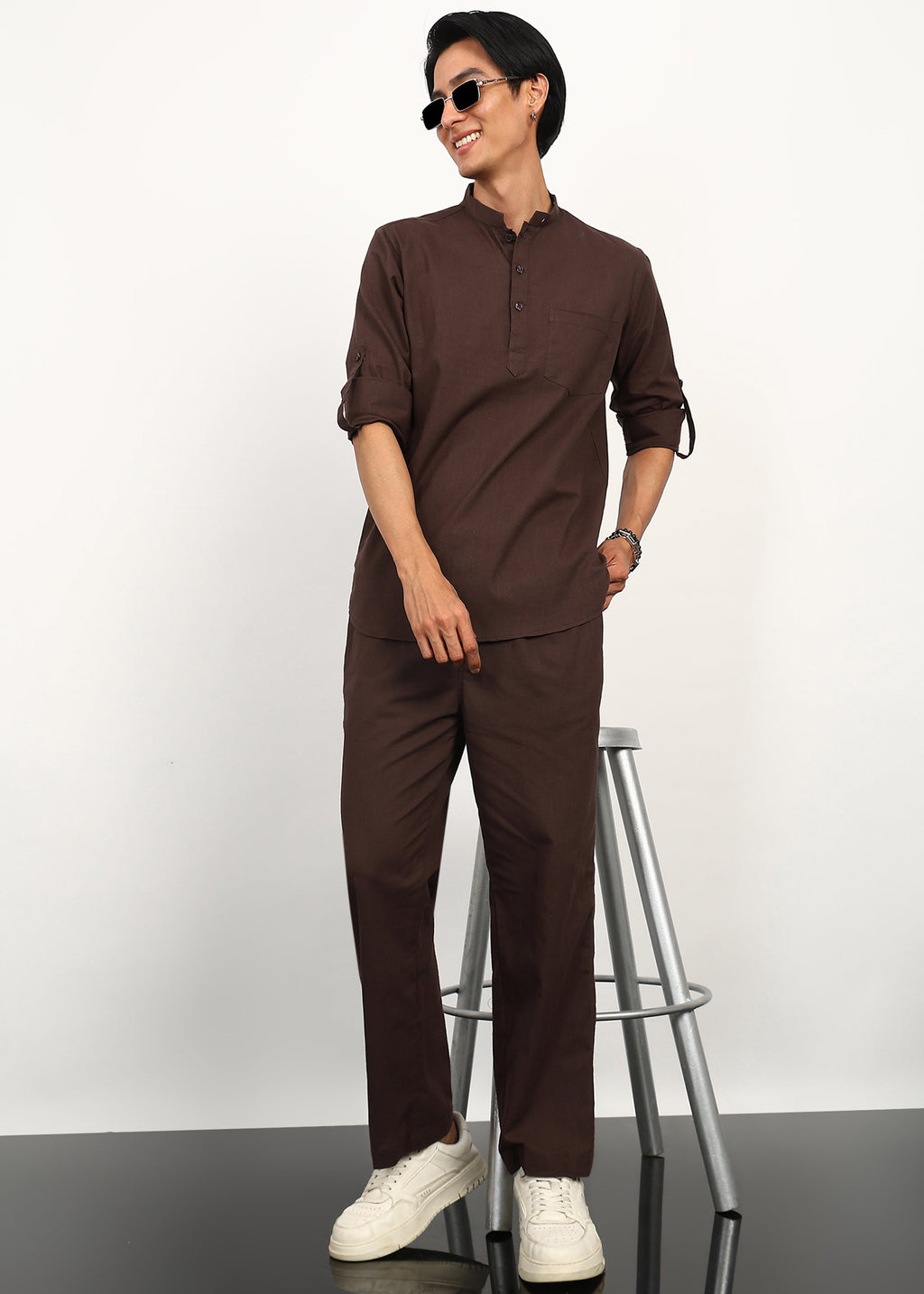 Fabmade Cocoa Drift Linen Kurta Set | Grocsy