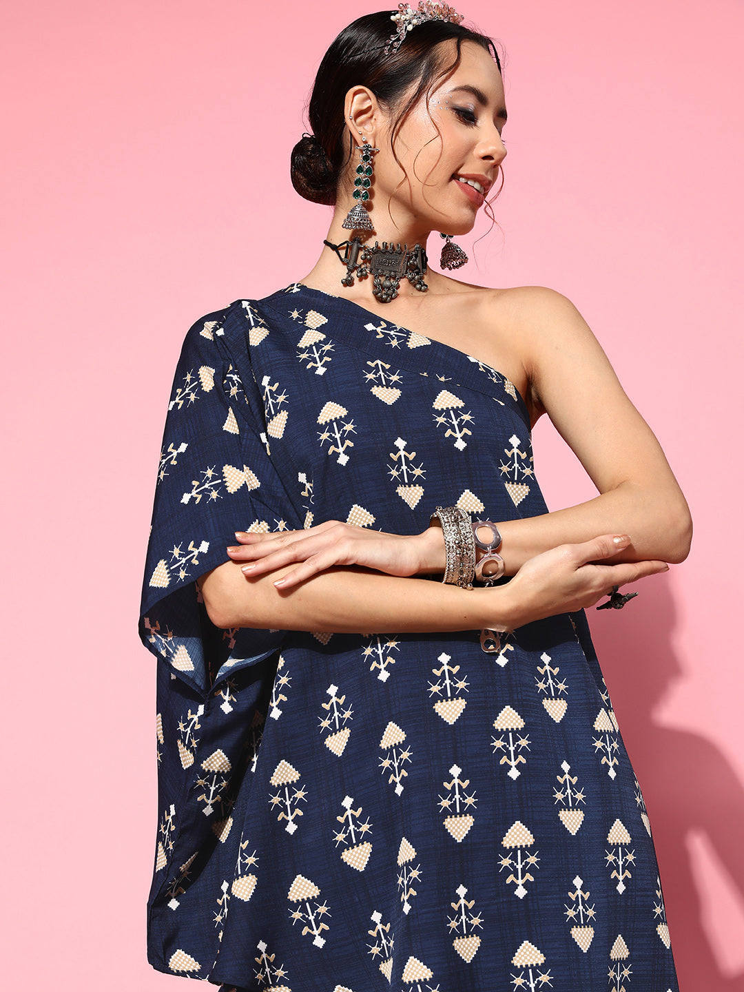 InWeave Women's Blue Boota One Shoulder Top With Palazzo Set | Grocsy