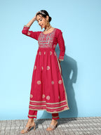 InWeave Women's Pink Nyra Cut Embroidered Kurta Set With Dupatta | Grocsy