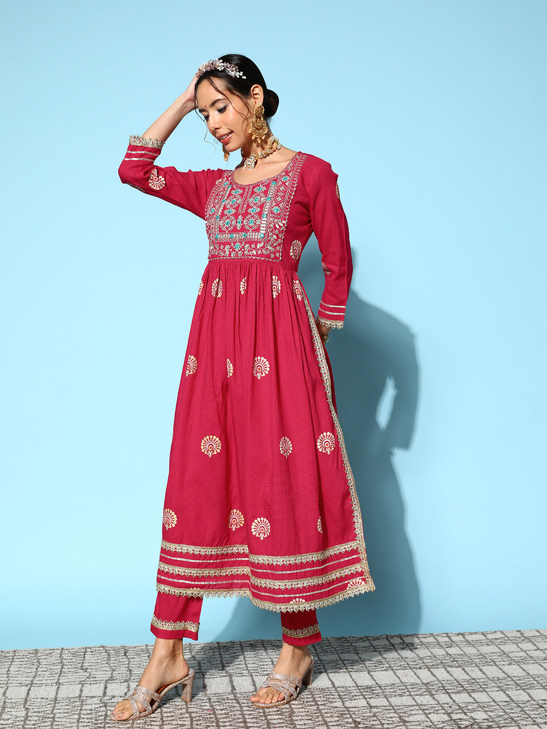 InWeave Women's Pink Nyra Cut Embroidered Kurta Set With Dupatta | Grocsy