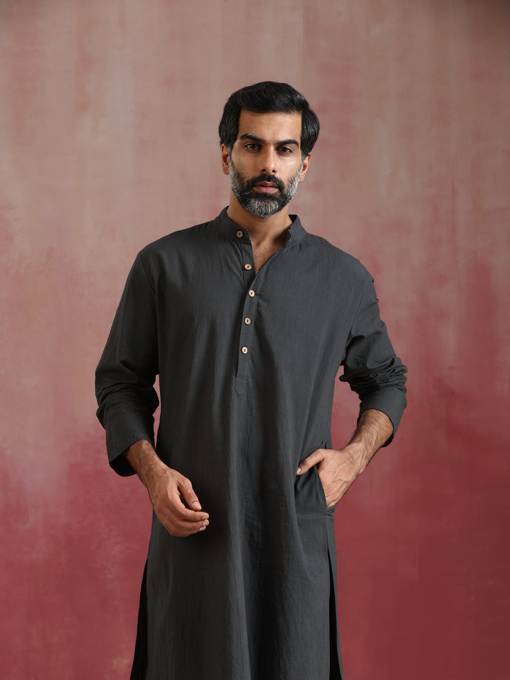 trueBrowns Men's Charcoal Grey Mandarin Collar Kurta | Grocsy