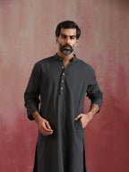 trueBrowns Men's Charcoal Grey Mandarin Collar Kurta | Grocsy