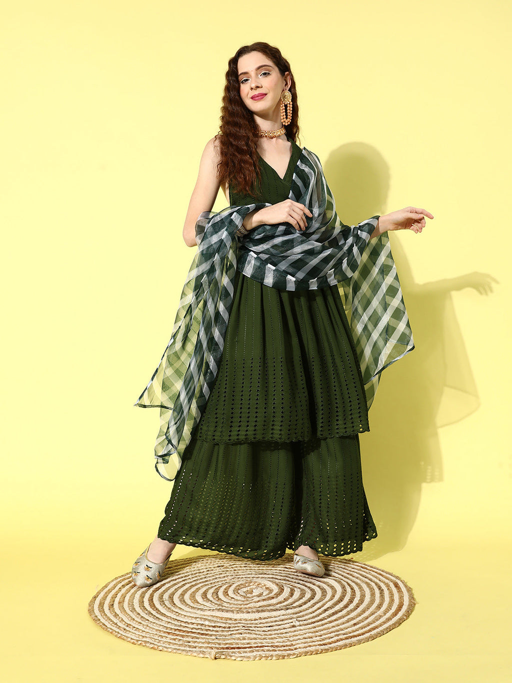 InWeave Women's Green Lace Work Backless Kurta Sharara Set With Lehariya Dupatta | Grocsy