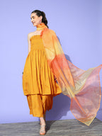 InWeave Women's Mustard Mirror Work Off Shoulder Kurta Set With Dupatta | Grocsy
