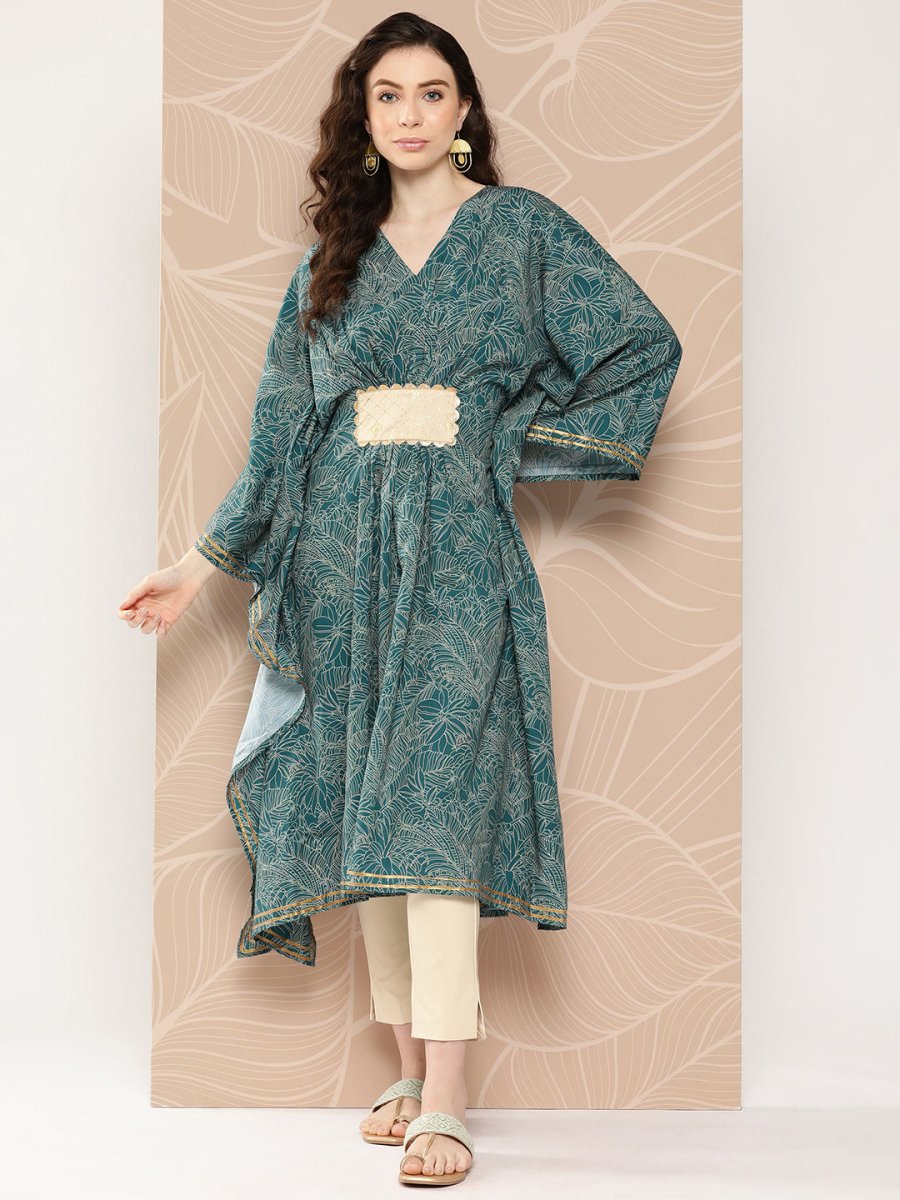 Ahalyaa Women Floral Printed Flared Sleeves Patchwork Belted Detail Crepe Kaftan Kurta | Grocsy