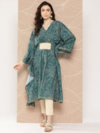 Ahalyaa Women Floral Printed Flared Sleeves Patchwork Belted Detail Crepe Kaftan Kurta | Grocsy