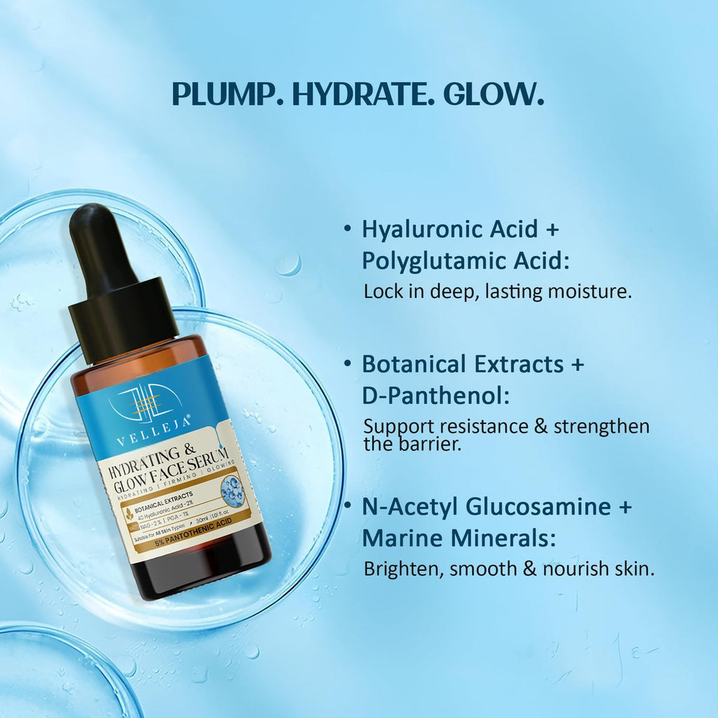 Velleja Hyaluronic Acid Hydrating & Glow Face Serum|48-Hour Moisture Lock|Plumping, Firming & Lightweight Serum for Extra Dry Skin | Grocsy