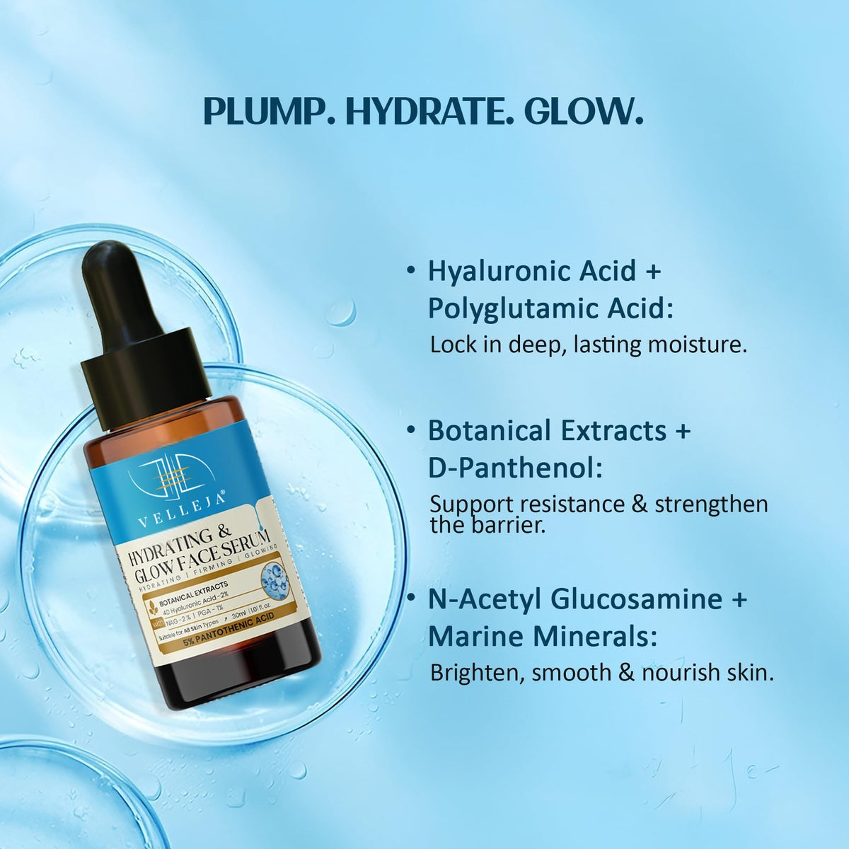 Velleja Hyaluronic Acid Hydrating & Glow Face Serum|48-Hour Moisture Lock|Plumping, Firming & Lightweight Serum for Extra Dry Skin | Grocsy