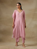 trueBrowns Light Mauve Bandhani Printed Silk Kaftan Kurta Pant Set | Grocsy
