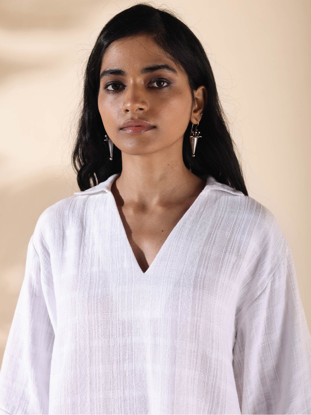 trueBrowns White Cotton Dobby V-Neck Co-ord Set | Grocsy