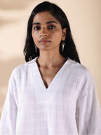 trueBrowns White Cotton Dobby V-Neck Co-ord Set | Grocsy