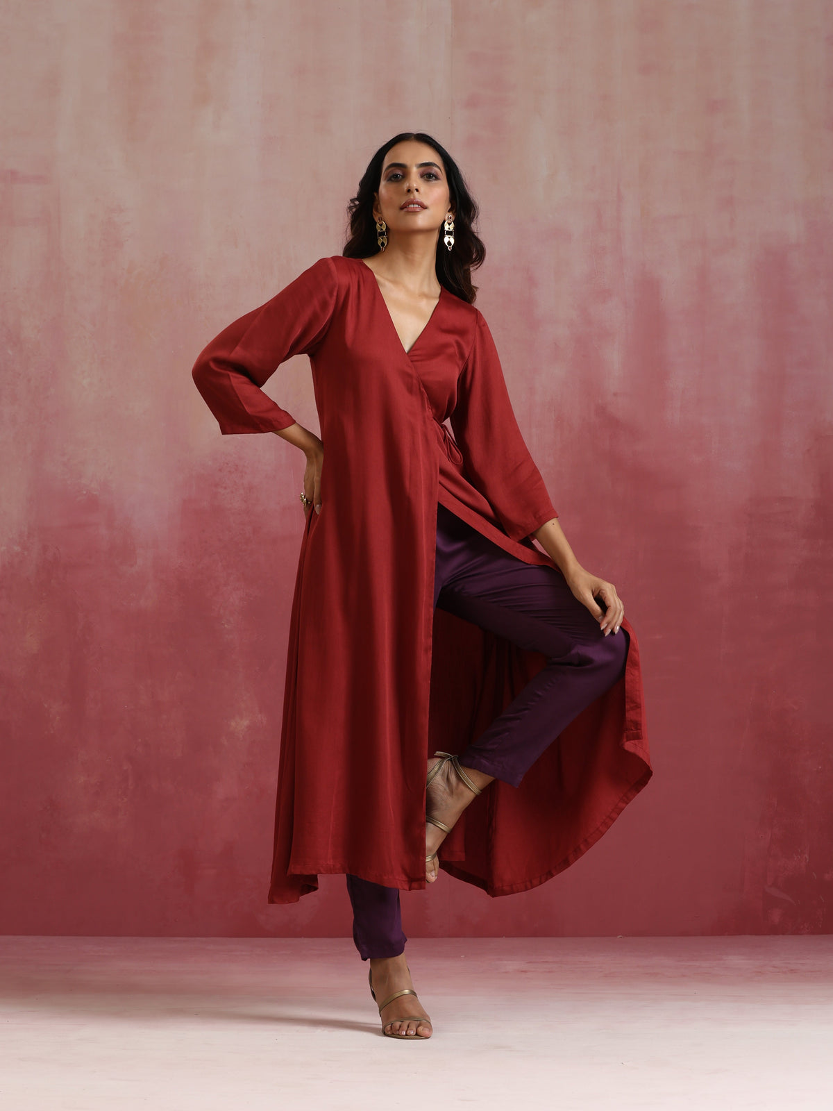 trueBrowns Maroon Modal Angrakha Kurta Set | Grocsy