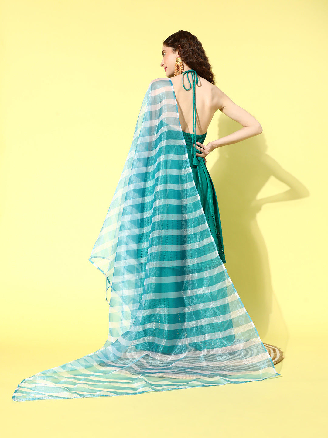 InWeave Women's Teal Lace Work Backless Kurta Sharara Set With Lehariya Dupatta | Grocsy