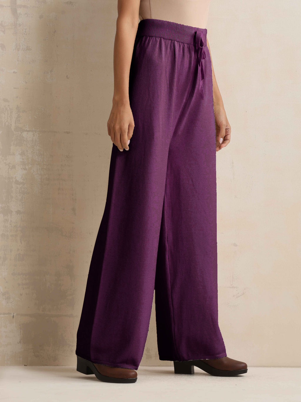 trueBrowns Purple Woollen Flared Pants | Grocsy