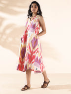 trueBrowns Pink Cotton Ikat Sleeveless Dress | Grocsy