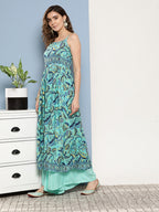 InWeave Women's Camelia Blue Pastel Print Strappy Kurta Set | Grocsy