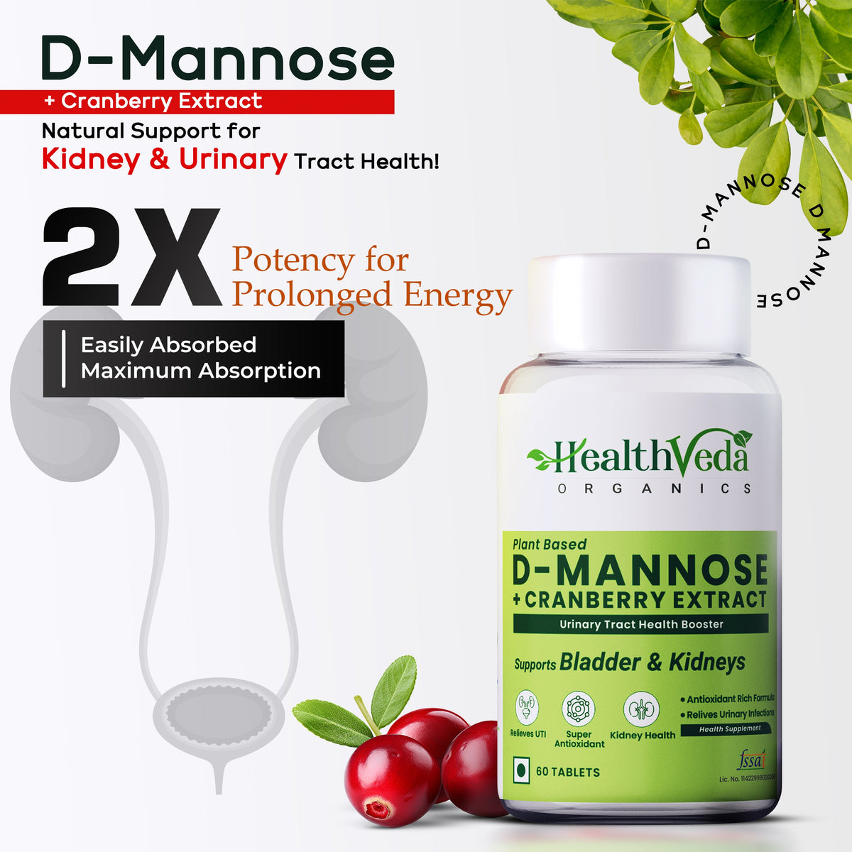 Health Veda Organics D-Mannose + Cranberry Extract Tablets | Grocsy