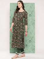 InWeave Women's Green Floral Motif Nyra Kurta Set With Dupatta | Grocsy