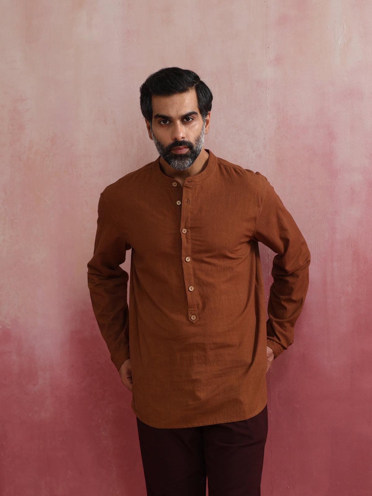 trueBrowns Men's Brown Cotton Mandarin Collar Stylized Kurta | Grocsy