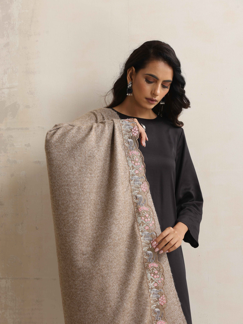 trueBrowns Beige Embroidered Woollen Stole | Grocsy