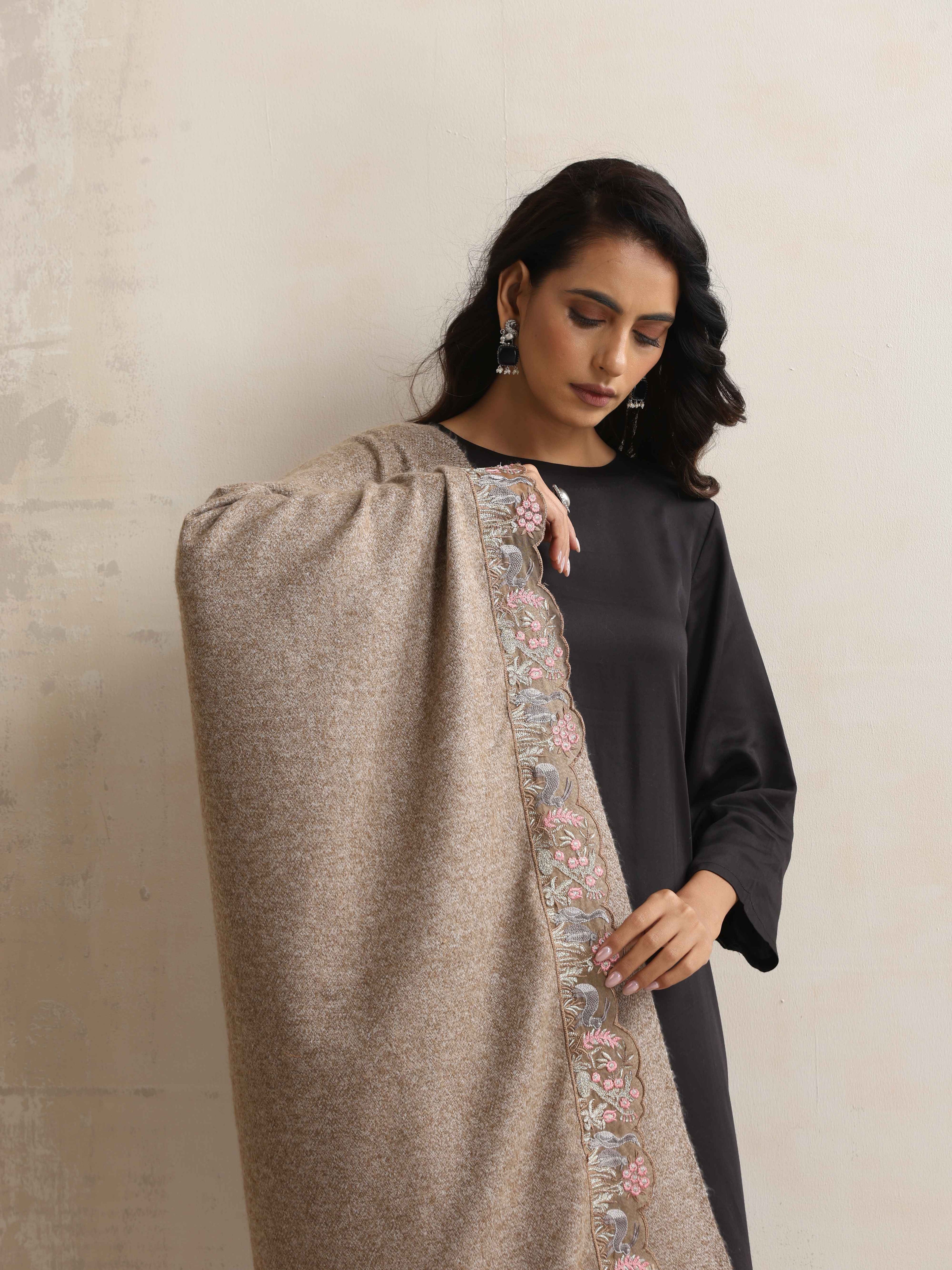 trueBrowns Beige Embroidered Woollen Stole | Grocsy