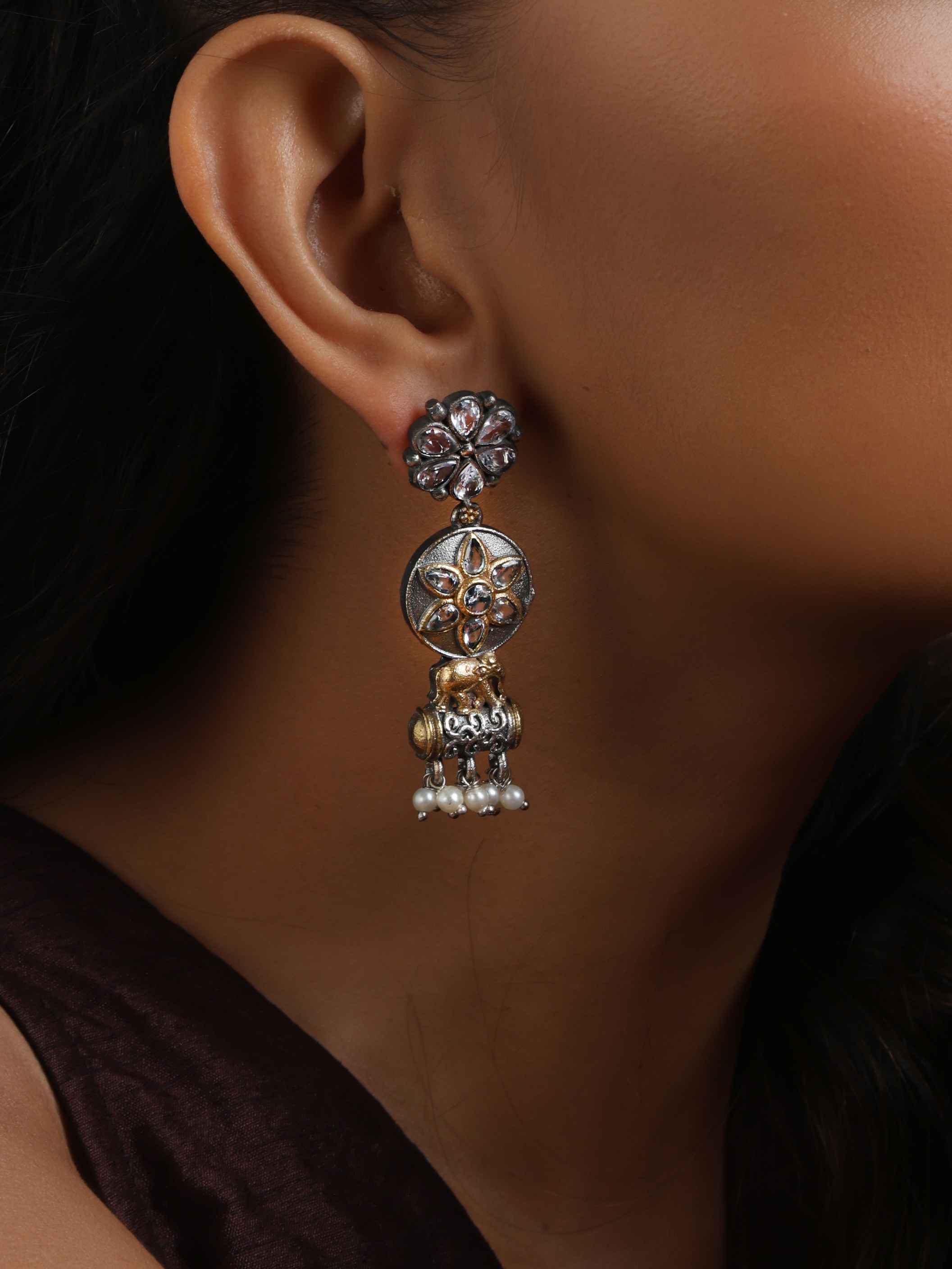 trueBrowns Silver Gold Tone Kundan Earrings | Grocsy
