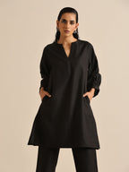 trueBrowns Black Slub Relaxed Placket Co-Ord Set | Grocsy