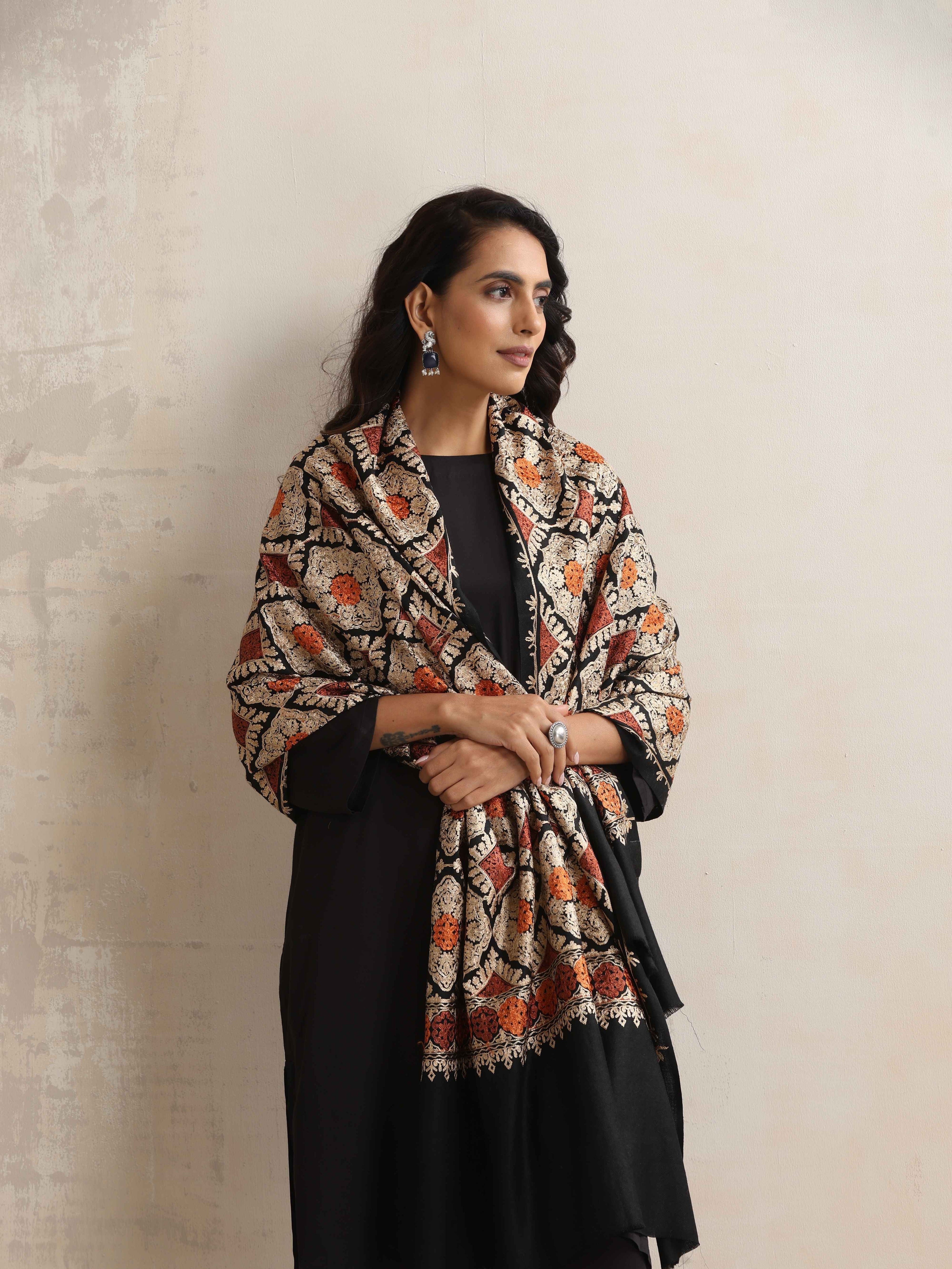 trueBrowns Black Embroidered Woollen Stole | Grocsy