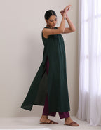 trueBrowns Dark Green Dobby Sleeveless Kurta Pant Set | Grocsy