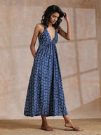 trueBrowns Indigo Dabu Floral Print Cotton Sleeveless Dress | Relove | Grocsy