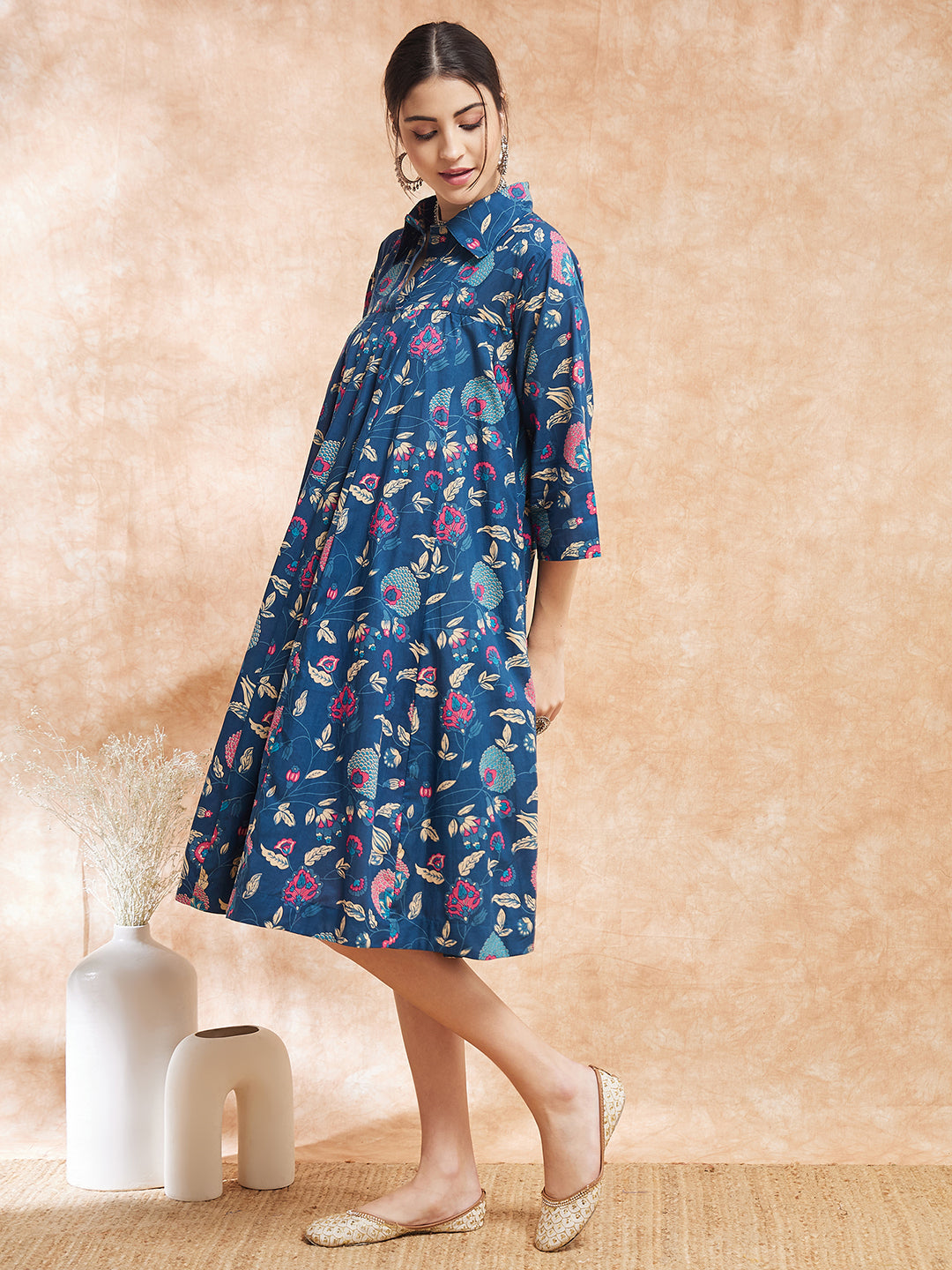 InWeave Women's Blue Pink Kalamkari Flared Dress | Grocsy
