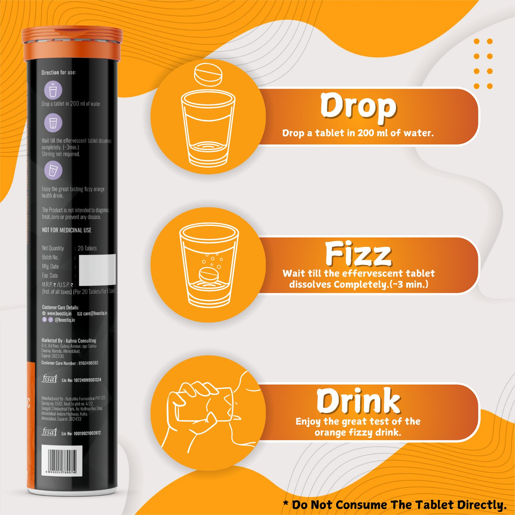 BOOSTIQ Vitamin C & Zinc Effervescent Tablets - Orange Flavour | Grocsy