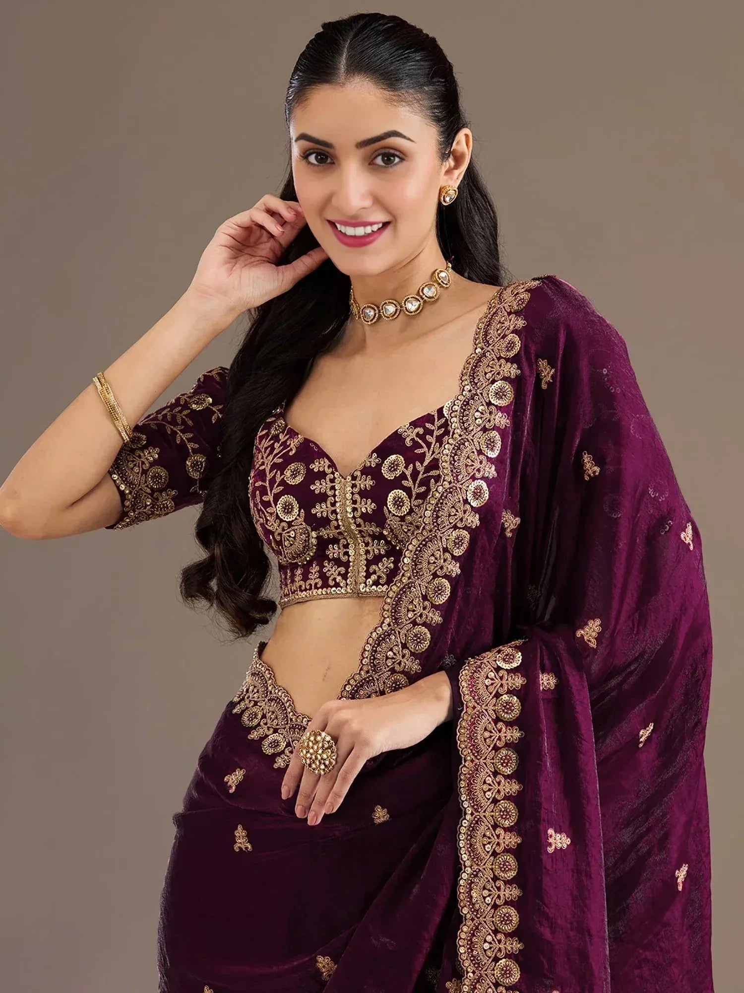 Tulsi Art Stunning Wine Embroidered Silk Reception Wear Saree With Blouse | Grocsy