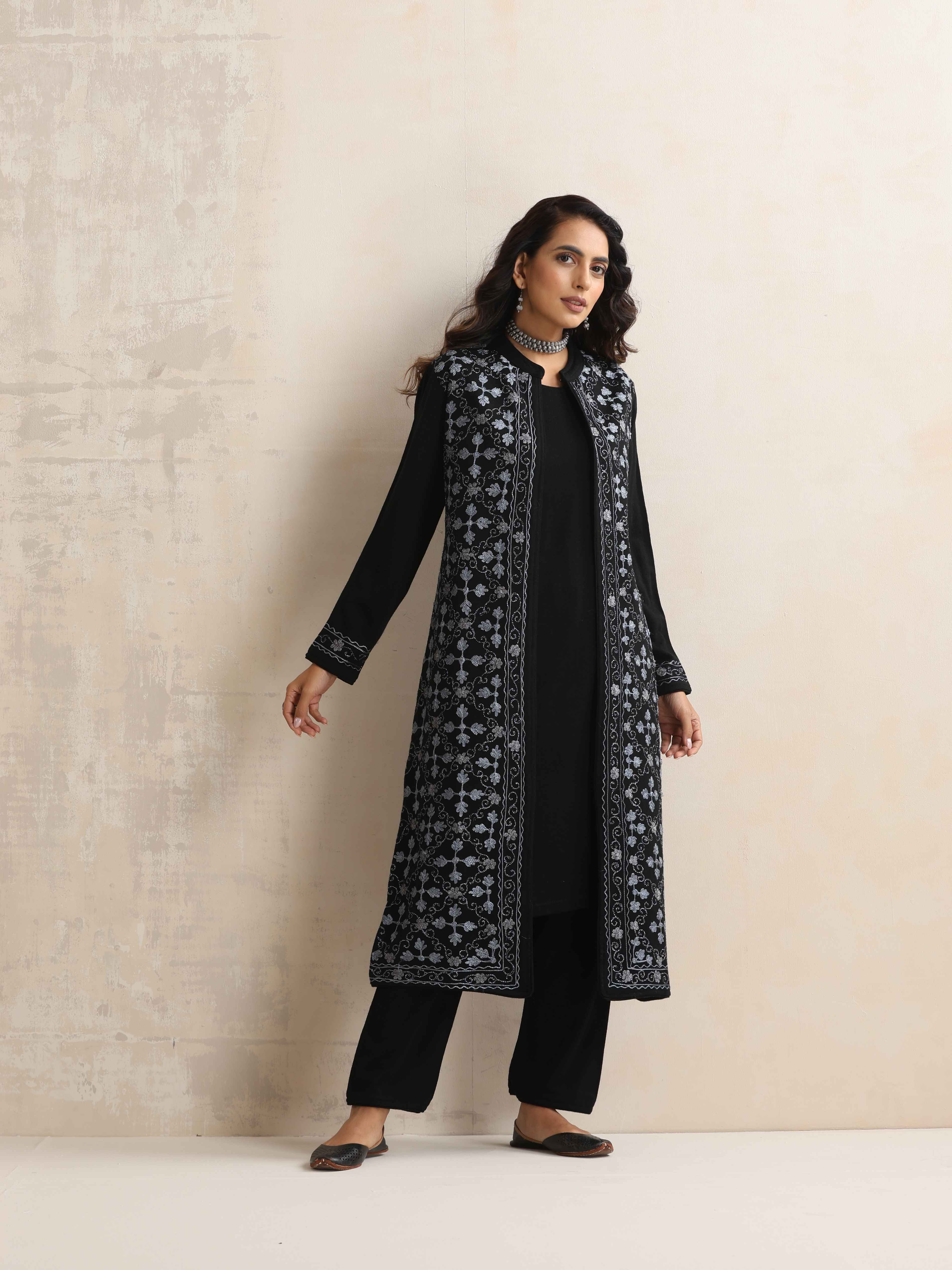 trueBrowns Black Kashmiri Woollen Jacket 3pc Set | Grocsy