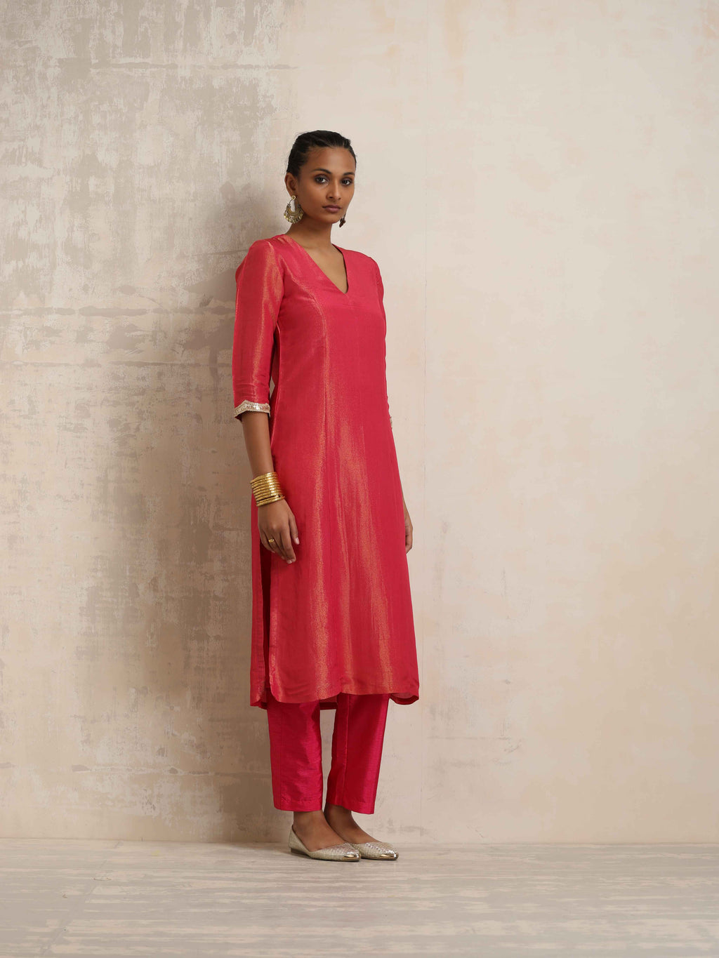 trueBrowns Hot Pink Tissue Straight Kurta Set | Grocsy