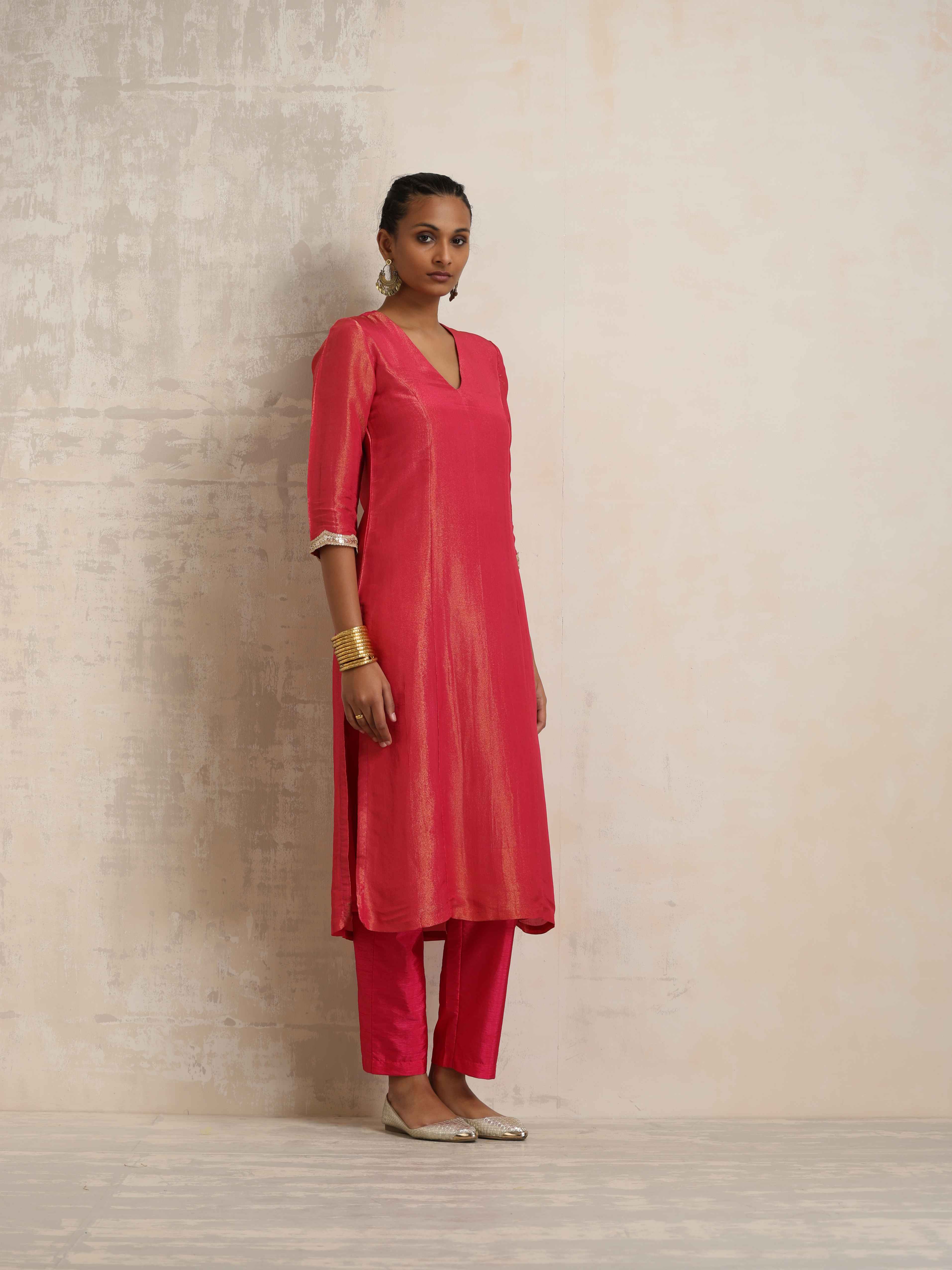 trueBrowns Hot Pink Tissue Straight Kurta Set | Grocsy