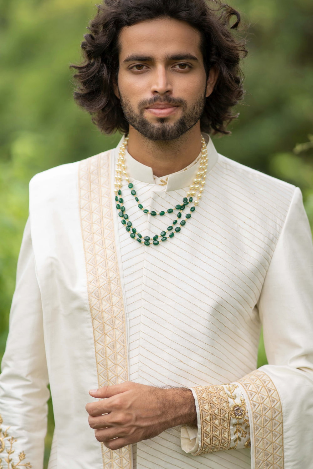 Cream Gold Designer Men's Sherwani by Hilo Design | Grocsy