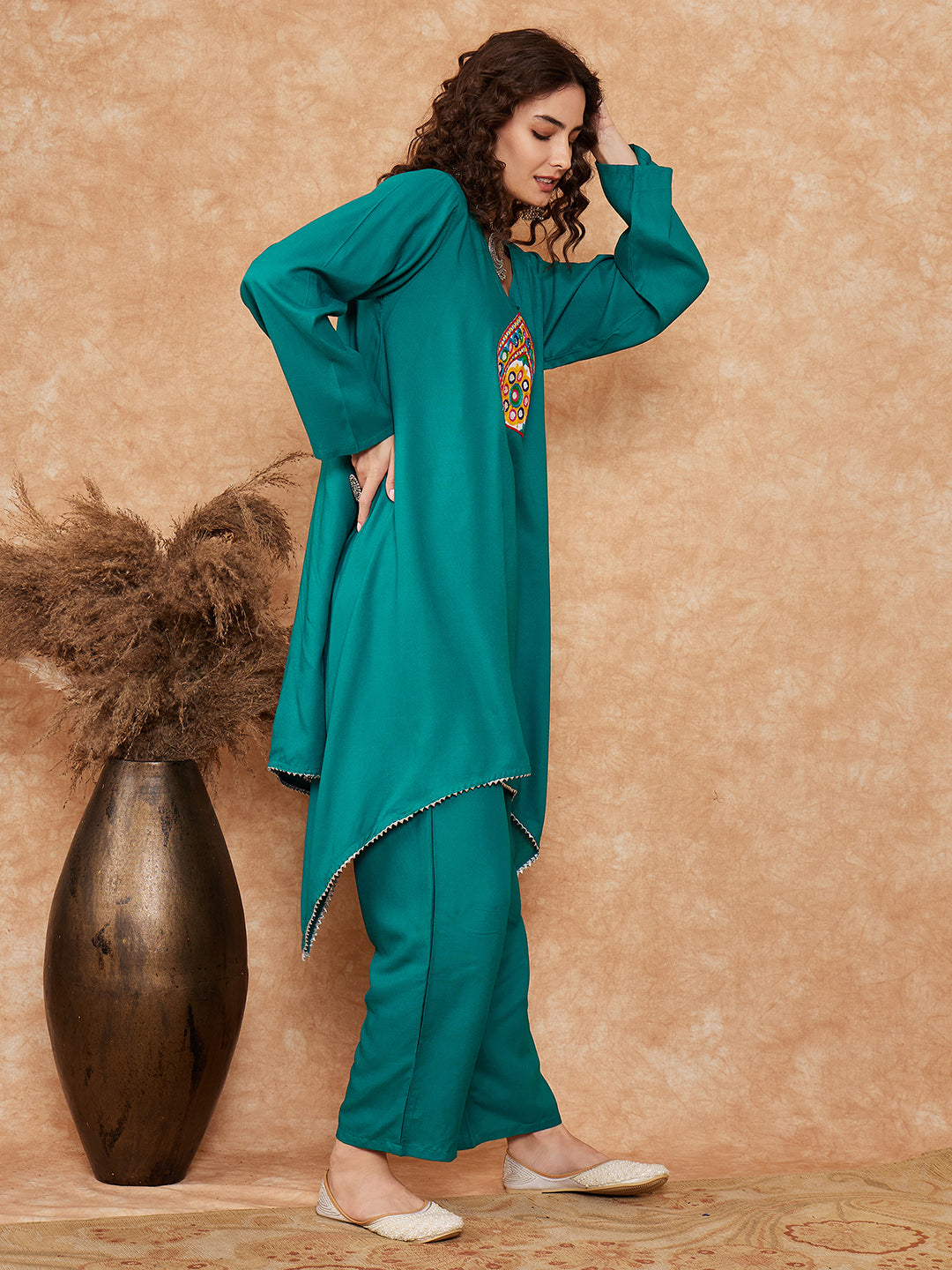 InWeave Women's Teal Trangle Yellow Patch Work Assymentrical Kurta Set | Grocsy