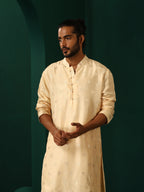 trueBrowns Men's Ivory Geometric Floral Viscose Silk Long Kurta | Grocsy